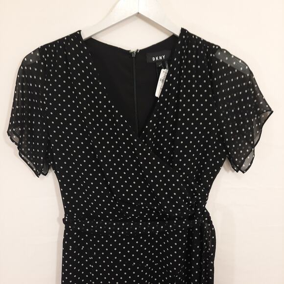 NWT DKNY Black Polka Dot Wrap Style Dress Sz 6 Ruffle Flutter Sleeve Tie Waist - Picture 3 of 11